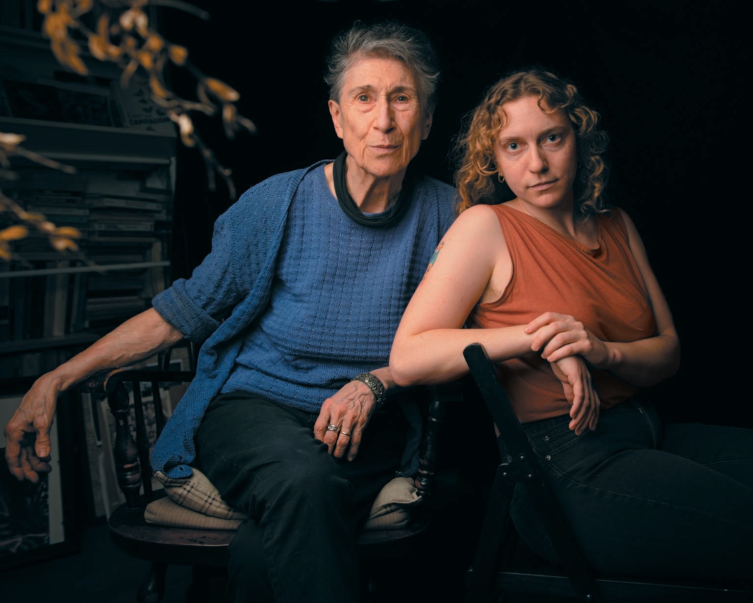 Portrait of two seated woman identified as Silvia Federici (left), Alice Markham-Cantor (right).