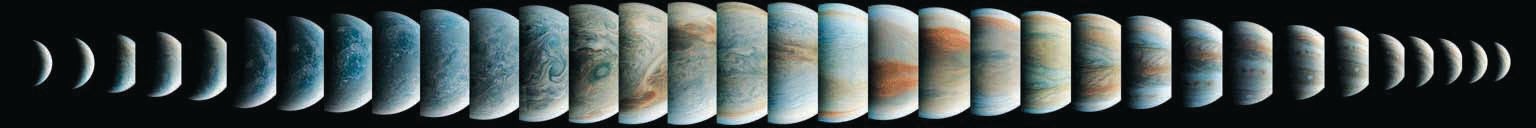 32 sliced images of Jupiter displayed horizontally in an artistic fashion.
